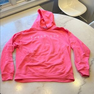Vibrant Pink Hoodie with Text and Palm tree print on back